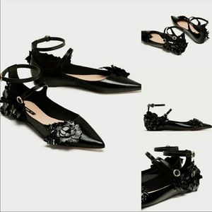 Zara black real leather floral pointy flats sz 40